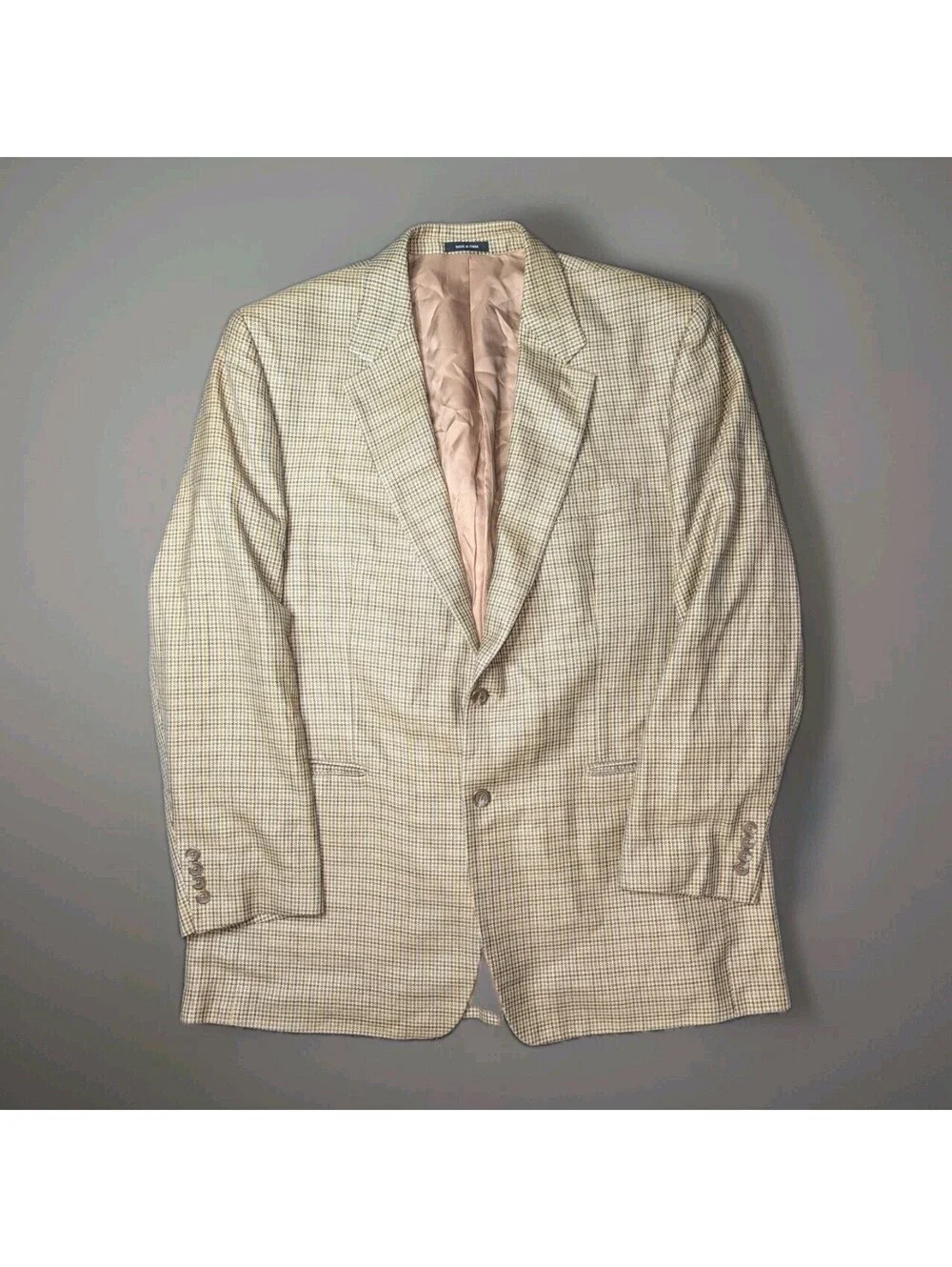 Chaps Blazer Sport Coat Silk Herringbone Tan Brown Blue 46R